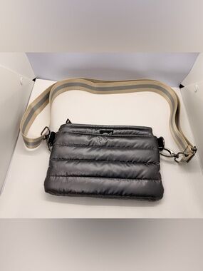 THINK ROYLN Quilted Crossbody Bag in Black with Beige-Gray Stripe Strap